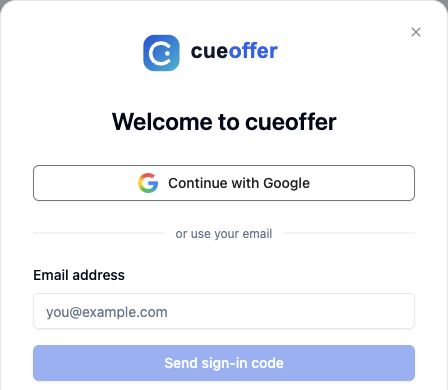 Cueoffer sign-in dialog with Google and email sign-in options